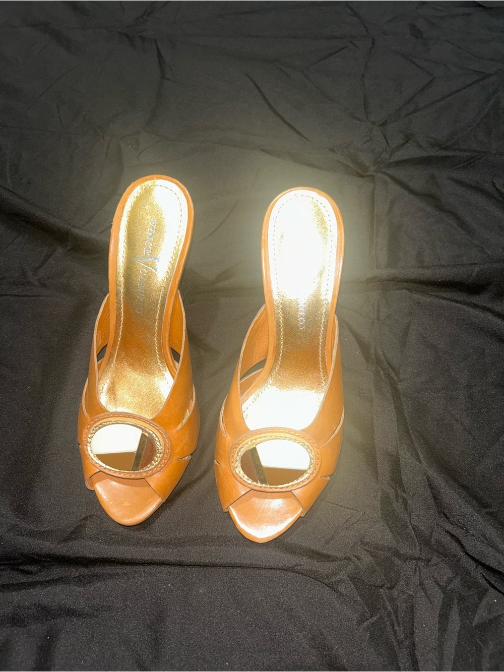 Valentino Tan Open-Toe Slide Mules with Decorative Ring